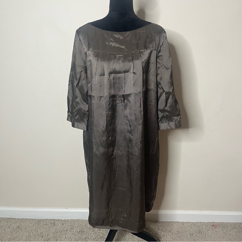 Martin + Osa Women’s Navy Blue/Tan Diamond Print Satin Knee Length Dress‎ Sz XL